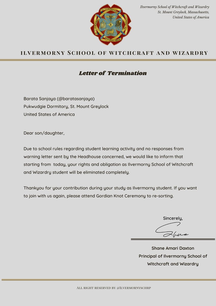 📅 11/06/21

Uname &amp; VC : <a href="/baratasanjaya/">Bara</a>  / P-0711
Status            : Dropped Out

Cc. <a href="/MrDaxton/">Shane.</a> <a href="/Prof_Stanford/">Stanford</a> <a href="/mctamorphmagus/">Gemma.</a>  <a href="/Arcenteur/">Altair</a> <a href="/ILVRGringotts/">Gringotts Bank of Ilvermorny</a> <a href="/ILVRWandshop/">Madame Beauvais</a>  <a href="/ILVR_Petshop/">Nene-chan.</a> <a href="/APukwudgie/">Pukwudgie</a> @MsAbigaile