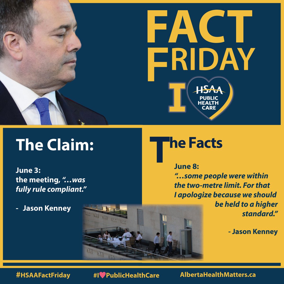 HSAAlberta's tweet photo. From insisting everything was "fully compliant" to adimitting days later, “…some people were within the two-metre limit. For that I apologize because we should be held to a higher standard.” You don't say? #IHeartPublicHeathCare #HSAA #abhealth #abpoli #ableg #HSAAFF #FactFriday https://t.co/CPm6bFIjS6