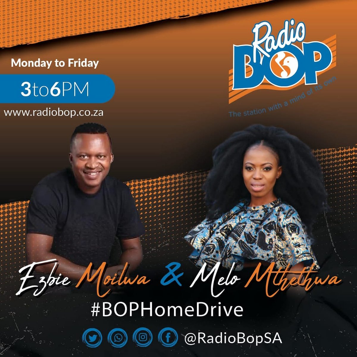 RadioBopAfrica's tweet photo. Catch @ezbiemoilwa and @official_melom on #TheBopHomedrive Mondays-Fridays on #TheStationWithAMindOfItsOwn #RadioBopisback
#BeatsofPleasure https://t.co/b67rNlmZvD