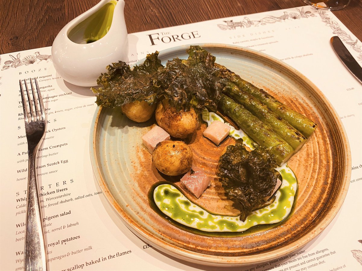 BBQ asparagus, Jersey Royals, smoked eel &amp; buttermilk – a terrific combo &amp; this was just my starter at #TheForge #Chester