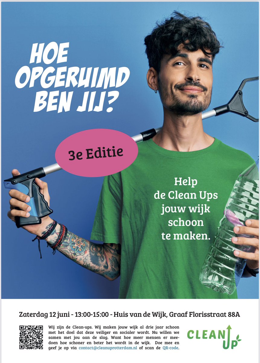 Aankomende zaterdag kan het weer: met CleanUp de wijk in. Start om 13:00 uur bij Graaf Florisstraat 88A.