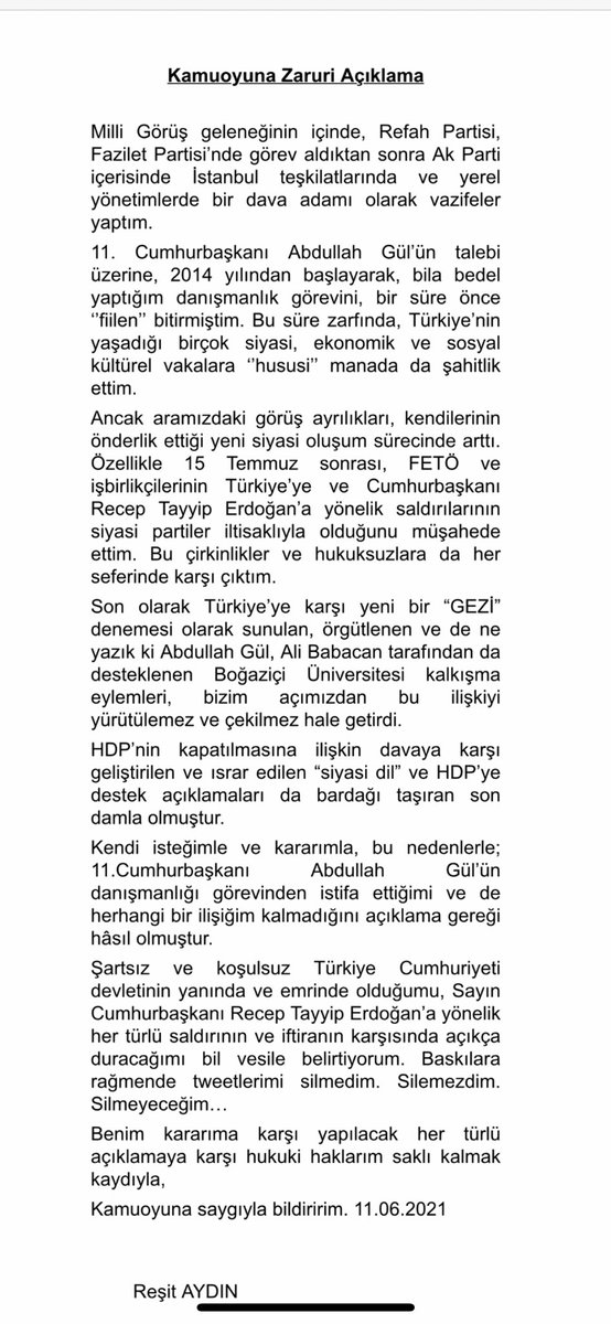 Tüm kamuoyuna ve dostlara zaruri açıklamamdır.