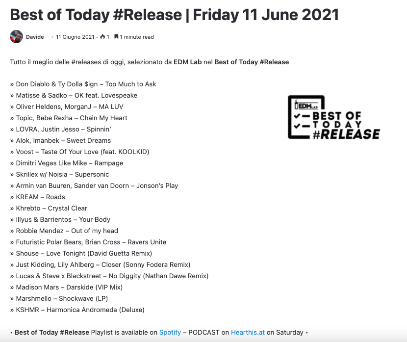 EDMLabOfficial's tweet photo. Best of Today #Release | Friday 11 June 2021
.
#bestnewmusic #newmusicfriday #bestoftodayrelease #musicupdate #edm #edmlab #dancemusic #party #festivals #radio #djs #playlist #radioshow #podcast #edm2021 #newmusicupdate #newedmmusic #newreleases #radioupdate #newdancemusic https://t.co/WNi1WbQ6Uo
