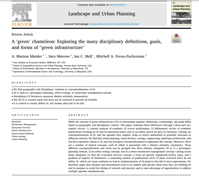 SaraMeerow's tweet photo. Everyone's talking about #greeninfrastructure, but what does it mean? Our new #openaccess review article unpacks the multiple meanings &amp; geographies of green infrastructure and terms associated with it (e.g. #naturebasedsolutions, #LID, #ecosystemservices) https://t.co/T2UVZTHsMN https://t.co/TnvuXcCIHi