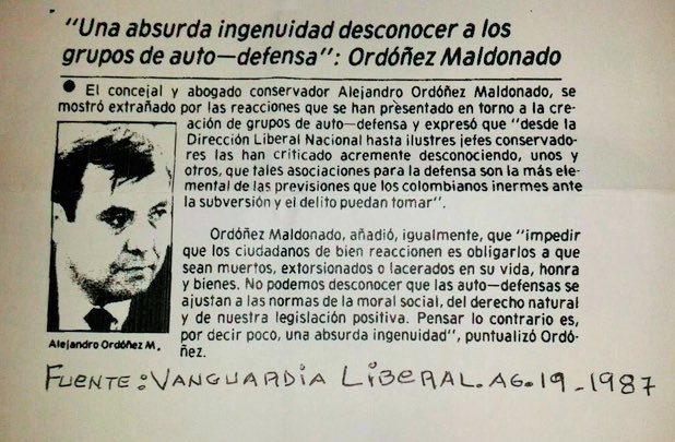 AlexLopezMaya's tweet photo. El designado para servir como intermediario ante la @CIDH defendía de esta manera los grupos paramilitares en el 87: https://t.co/PLzuYq4pIJ
