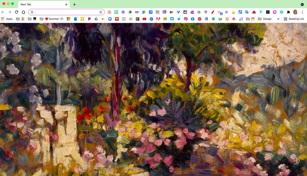 The <a href="/googlearts/">Google Arts&Culture</a> extension has brought me so much joy these past couple of weeks🖼. This colorful beauty 'The Flowered Terrace' greeted me this morning sparking  curiosity &amp; creativity.  A quick exploration of art is a lovely way to start my days. chrome.google.com/webstore/detai…