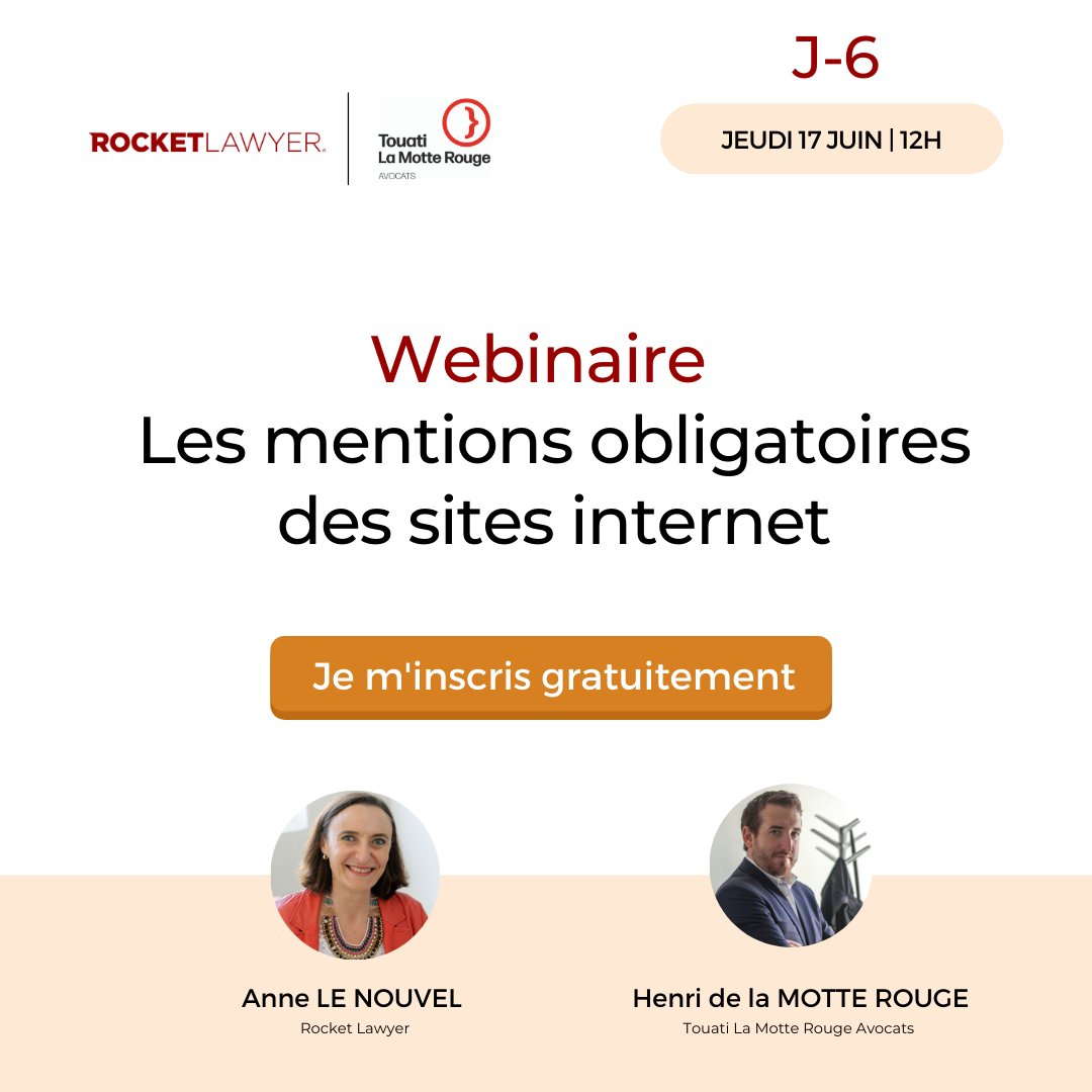J-6 [#Webinaire n°2] Les mentions obligatoires des sites internet ! 🎉

Anne Le Nouvel et Maître Henri de la Motte Rouge répondront à toutes vos questions. 

📅 Rendez-vous le Jeudi 17 Juin à 12h

📍 Réservez votre place ici : bit.ly/3g2JtJP

#Webinaire | #RGPD