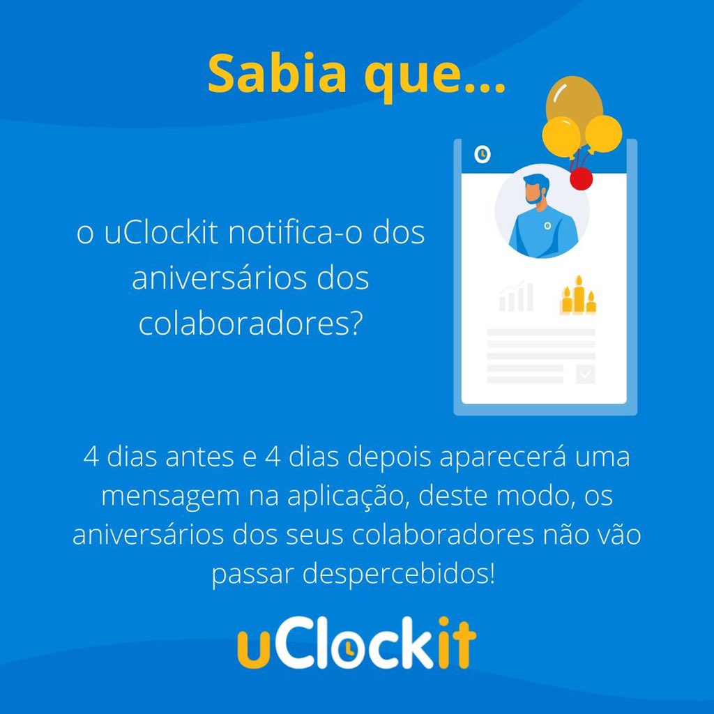 Uclockit's tweet photo. Conhecia esta funcionalidade do #uClockIt?

Não deixe que datas importantes lhe passem ao lado, ao criar a ficha do colaborador e ao definir a sua data de nascimento, os seus aniversários nunca mais serão esquecidos! https://t.co/Gf8HKbsgPu
