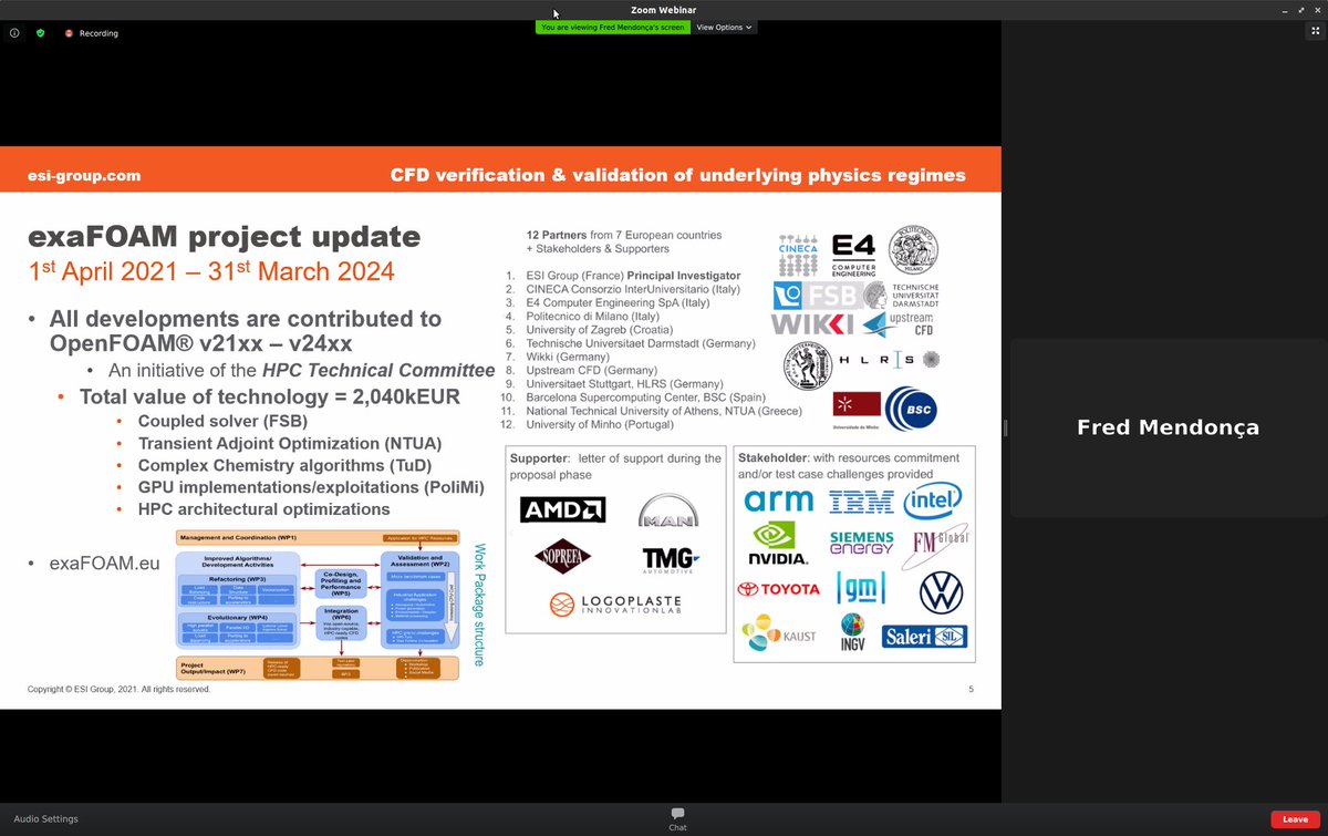 of_ws's tweet image. Currently at #ofw16
Keynote by Fred Mendonca of #OpenCFD
Talks about 
- exaFoam
- the OpenFOAM journal
but the main topic is the "virus of the year": C19 and what OpenFOAM can do about it