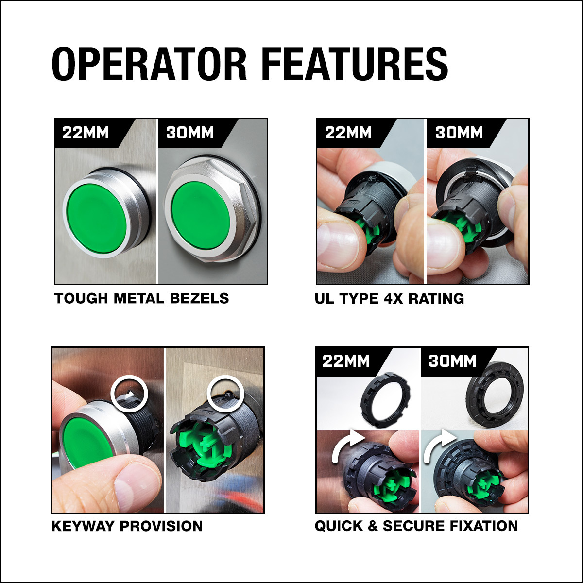 factorymation's tweet photo. Industrial pushbuttons and pilot devices from FMX are made tough with metal bezels and UL Type 4X ratings. Both 22mm and 30mm devices share accessories and are designed for easy installation. Grab yours now: https://t.co/Q9LeShfnIq https://t.co/y1js5QpjdS
