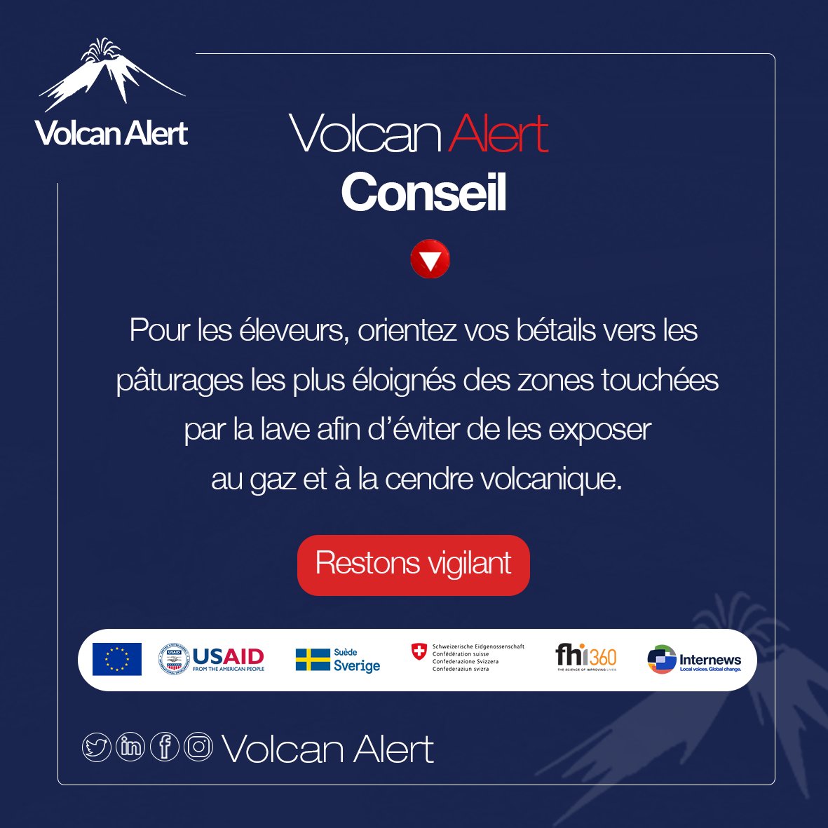 AlertVolcan's tweet photo. Pour les éleveurs, orientez vos bétails vers les pâturages les plus éloignés des zones touchées par la lave afin d’éviter de les exposer au gaz et à la cendre volcanique.
#VolcanAlert #EruptionNyiragongo #Goma #RDC #Internews #USAID #SuedeSverige #FHI360 #ConfederationSwisse https://t.co/SoFNL9c3MM