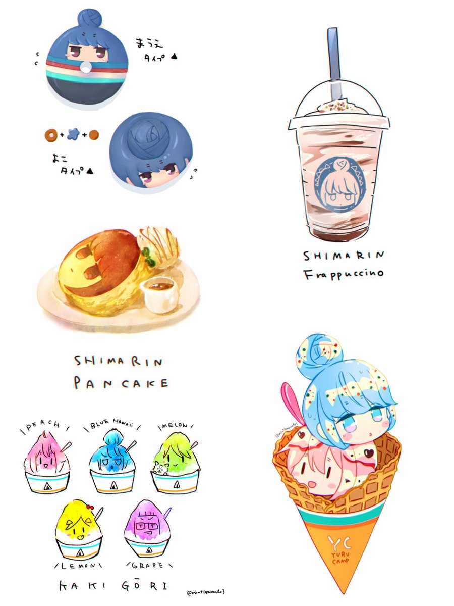 kagamihara nadeshiko ,shima rin blue hair food multiple girls ice cream hair bun pink hair white background  illustration images