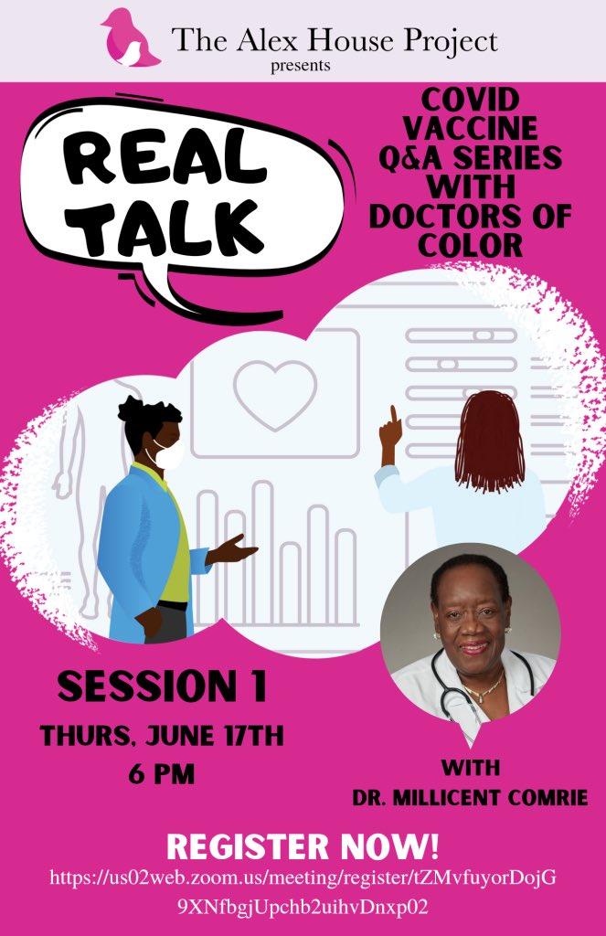 AlexHouseinc's tweet photo. Register now for our covid vaccine Q&amp;A series with doctors of colors. Session one will feature Dr. Millicent Comrie! 

https://t.co/9ZI8C4POZn

#RealTalk #AlexHouseProject #TheAlexHouseProject #TAHP #AHP #HolisticParenting #Parenting #Coparenting #HealthyBaby #HealthyMommy #Dads https://t.co/065dtleGVL