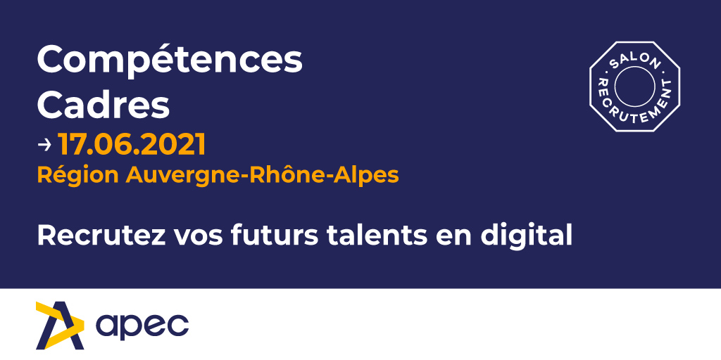 Apecfr's tweet photo. Jeudi 17 juin Salon #competencescadres Auvergne Rhône Alpes
C'est de 8h30 à 19h et 100% en ligne
✅ 36 exposants 
✅ L'occasion de "matcher" avec les 174 offres d’emploi 
✅ RDV individuels avec des consultants Apec
Inscriptions 👉 https://t.co/G1O4RRgLyU
#JeunesDiplômés https://t.co/KbNHJzXXTX