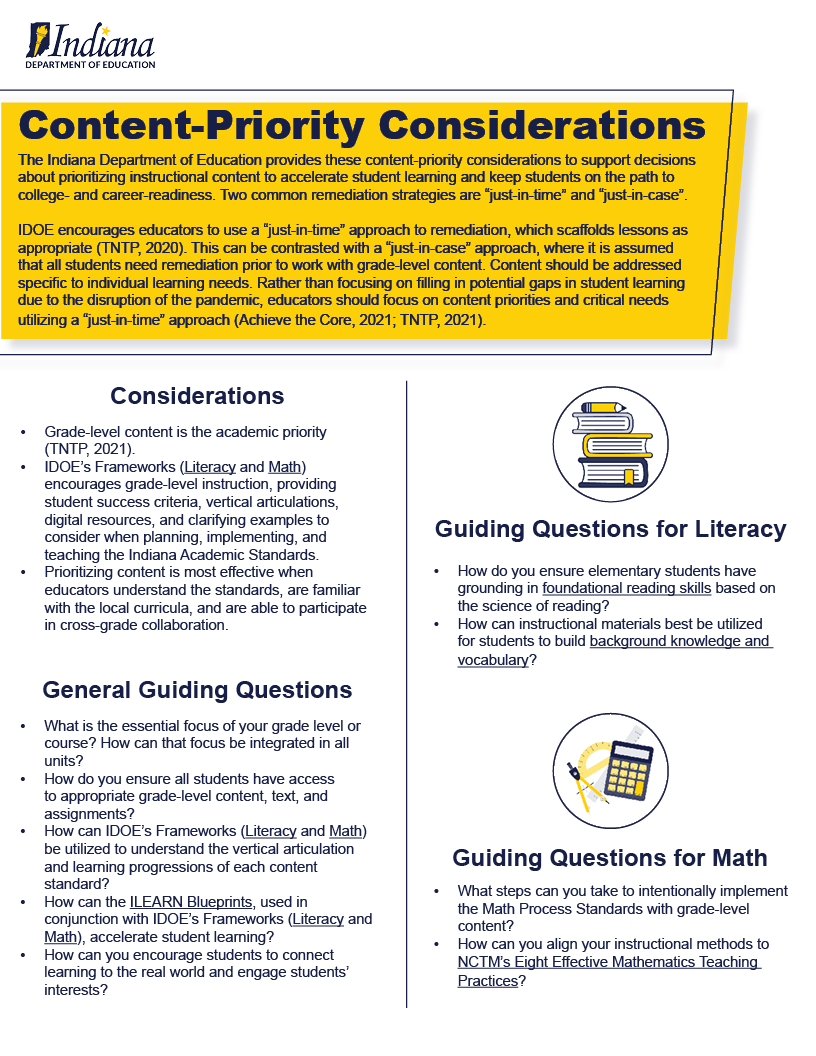 IDOE developed guidance for educators as they make decisions about how best to prioritize instructional content to accelerate student learning. Learn more:

bit.ly/3ge64TM