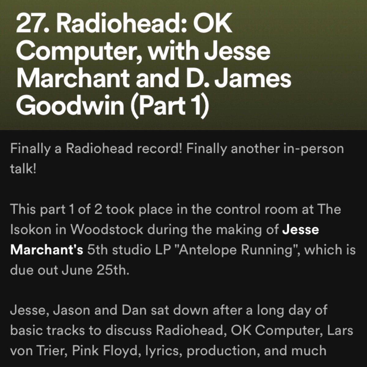 New episode out today! <a href="/djamesgoodwin/">D. James Goodwin</a> and <a href="/JesseBMarchant/">Jesse Marchant</a> joined Jason back in September 2020 during the recording sessions for Jesse’s new album at The Isokon to talk Ok Computer and so much more. This is part 1 of 2.
#radiohead #okcomputer #90s #rock #recordingstudio #podcast