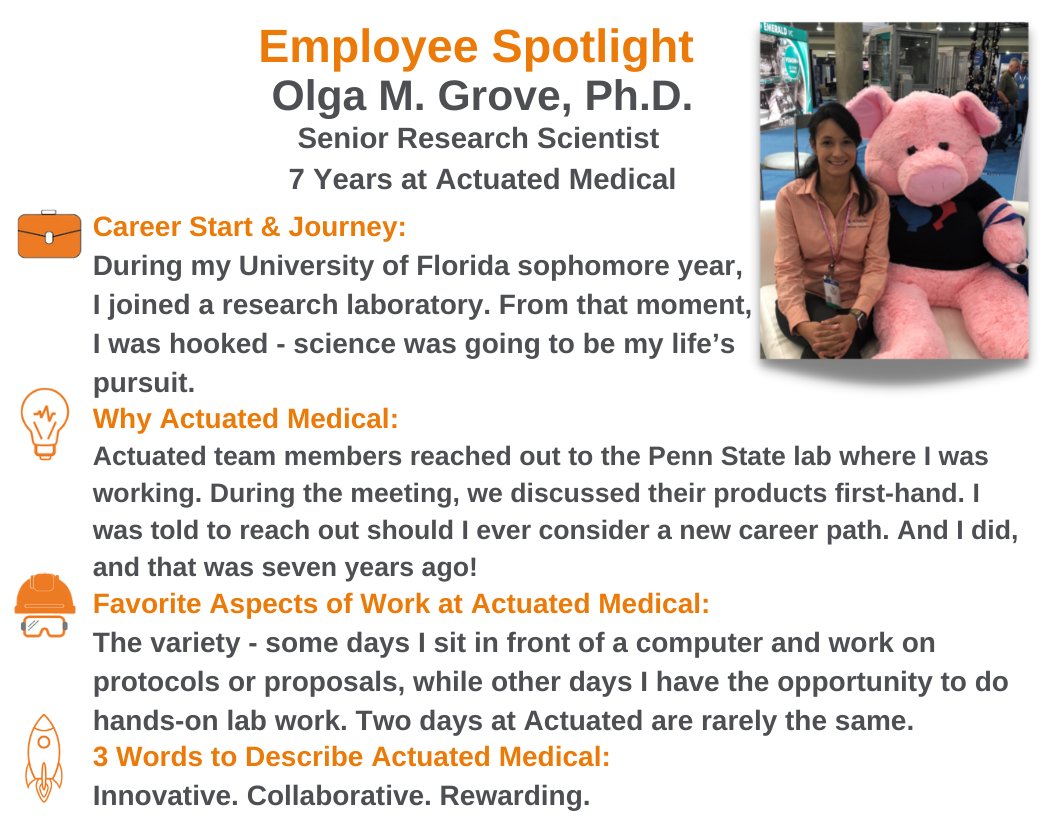 ActuatedMedical's tweet photo. Happy #FeatureFriday! We are excited to share Olga Grove's story of how she became a crucial part of our team. #MedTechInnovators @PASmallBusiness @LifeSciencesPA @CBICC HappyValley Industry WBENC #EmployeeSpotlight https://t.co/Kxg2alaXny
