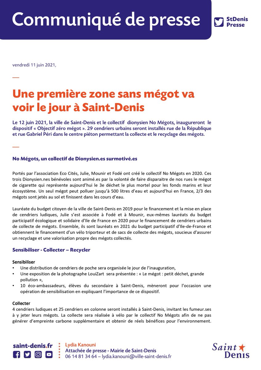 StDenisPresse's tweet photo. I COMMUNIQUÉ DE PRESSE I
Une première zone sans mégot va voir le jour à Saint-Denis

⬇️ Retrouvez le communiqué en ligne ⬇️
https://t.co/ApItyH6Kvh https://t.co/Zax3An17Jw