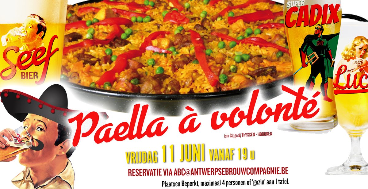 Paella à volonté vanavond ?
Er zijn nog enkele plaatsen!
Snel reserveren via abc@antwerpsebrouwcompagnie.be !