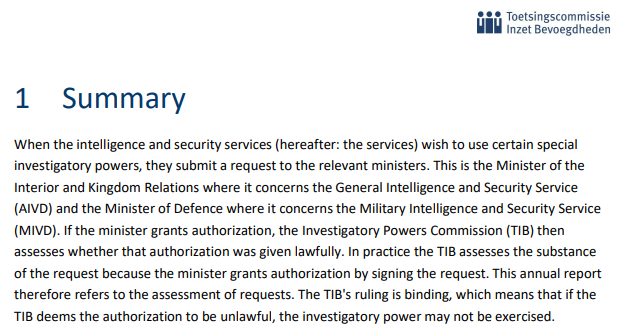 The Annual Report 2020 of the Investigatory Powers Commission (in Dutch: TIB) has been translated into English: tib-ivd.nl/documenten/jaa…