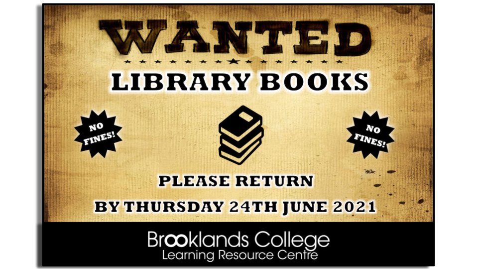 BCLibraryWA's tweet photo. ⭐️We want your library books back (please)!⭐️

You have until this Thursday (24 June) to return them. 

No fines, we just want the books! 

😀 This will make us very happy 😀 

@FEBrooklands #WANTED https://t.co/6Qf141XSQH