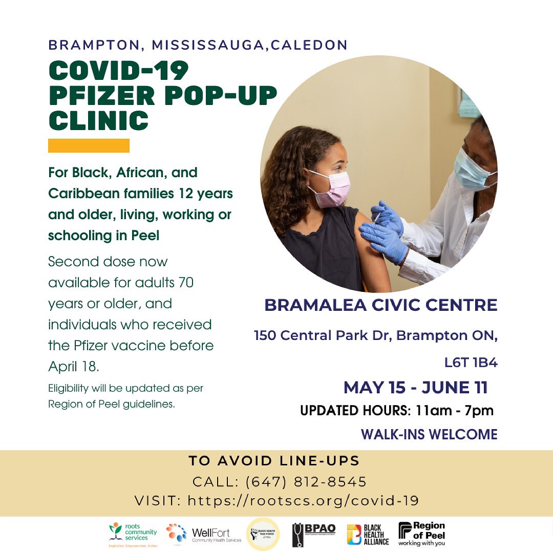 Today marks the end of the COVID-19 Pfizer Vaccine Pop- Up Clinic at Bramalea Civic Centre! 

Stop by any time between 11am -7pm to receive your first shot of the vaccine!

Second doses will be administered to those who are currently eligible. 

#LetsGetVaccinated