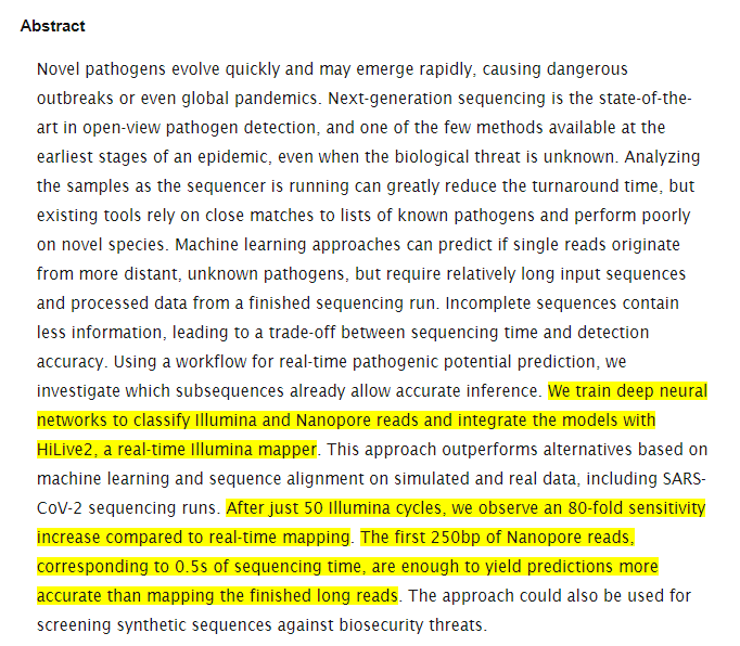Deep learning-based real-time detection of novel pathogens during sequencing biorxiv.org/content/10.110… // 50 cycles of <a href="/illumina/">Illumina</a> sequencing or 0.5 seconds of Oxford <a href="/nanopore/">Oxford Nanopore</a> sequencing