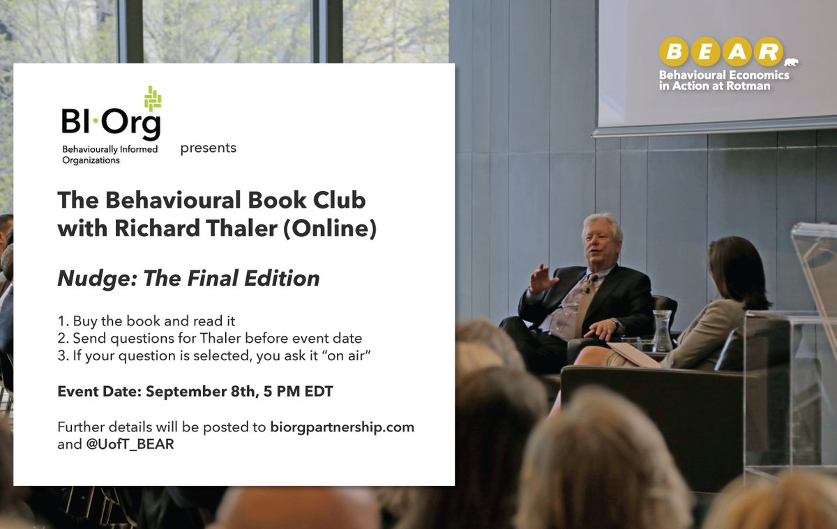 UofT_BEAR's tweet photo. Save the Date: On September 8, we'll host our first #BIOrg Behavioural Book Club with Richard Thaler. Details will follow, all are welcome. https://t.co/TnpD4viAWv