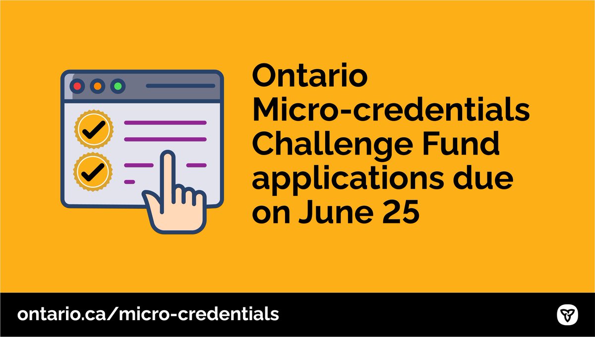 ONtrainandstudy's tweet photo. 🚨Upcoming Application Deadline🚨
Postsecondary institutions: the deadline to apply for Ontario’s Micro-credentials Challenge Fund is in 2 weeks! Make sure your projects are in on or before June 25 to be considered.
Learn more: https://t.co/neXgOfzWSp #microcredentialsON https://t.co/cy9o8GBeZs