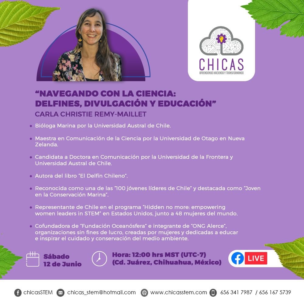 Mañana sábado 12 de junio: 14 hrs #Chile (12 hrs #Mexico) “⛵️ con la ciencia: 🐬, divulgación y educación”. Por Facebook live chicasSTEM <a href="/chicas_stem/">ChicasSTEM</a> #mujeresenciencias #WomenInSTEM