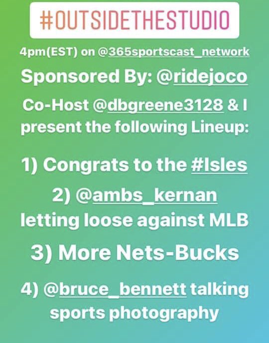 MatthewBlittner's tweet photo. TODAY LIVE @ 4pm(EST) on @365Sportscast #OutsideTheStudio (Sponsored By: @RideJOCO) is letting loose! Co-Host @dbgreene3128 &amp; I present Guests: @AMBS_Kernan &amp; @Bruce_Bennett! https://t.co/WtCooCzDcE
