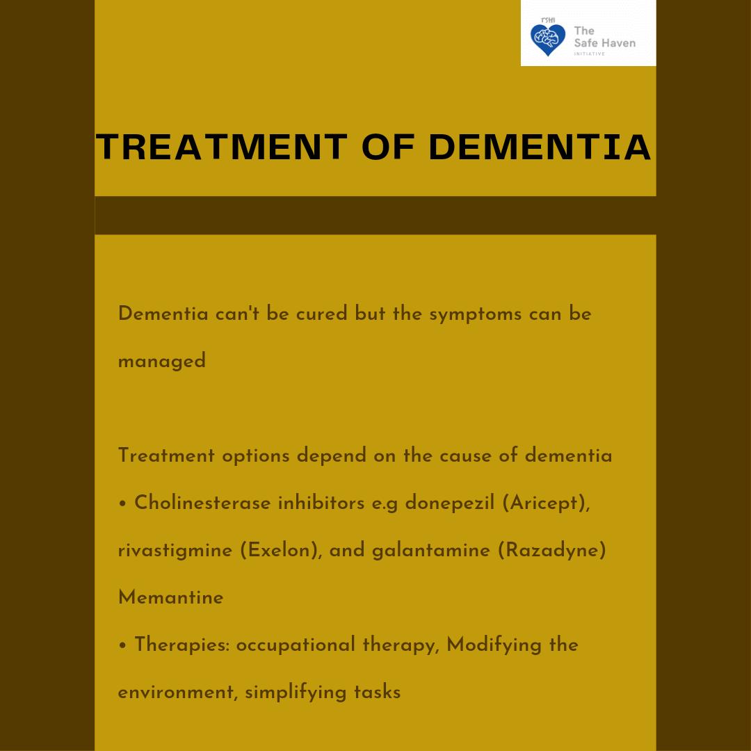 The treatment options for dementia are not curative but rather only manage the disorder. 

Treatment options are also very dependent on the cause.

Here are some treatment options.

#Demetiatreatment
#mentalhealth
#TSHI
#medtwtitter
#health