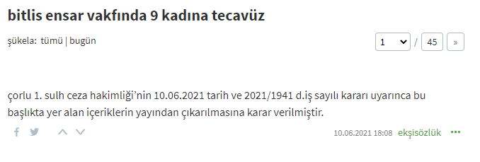 Birkaç gün önce ilginç bir olay yaşandı. Bitlis'te 2016'da, imamlığı bırakıp Din Öğretmenliği'ne geçen iki kişinin 9 kadını şantaj ile tecavüze sürüklediğine dair haberin Ekşi Sözlük entrysi, Çorlu 1. Sulh Ceza Hakimliği tarafından kaldırıldı. Çorlu ne alaka değil mi? Çok alaka.