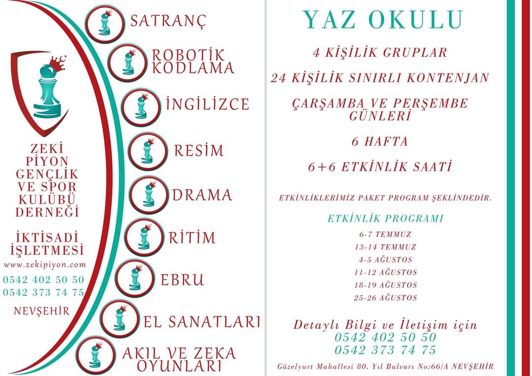 Yaz Okulu Etkinliklerimiz için kayıtlarımız başlamıştır. Etkinliklerimiz paket program şeklindedir. Detaylı bilgi için; 0542 402 50 50 ve 0542 373 74 75