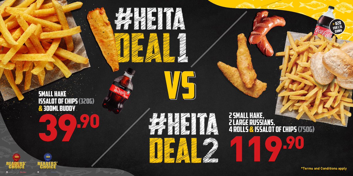 FishAndChip_Co's tweet photo. It's Friday and we've got TWO deals for you! 
Pick your fighter - #HeitaDeal1 or #HeitaDeal2
Head over to your nearest The Fish &amp; Chip Co and secure your meal

#TheFishAndChipCo
#SBWL
#ISSALOT https://t.co/lzlBFrYiSc