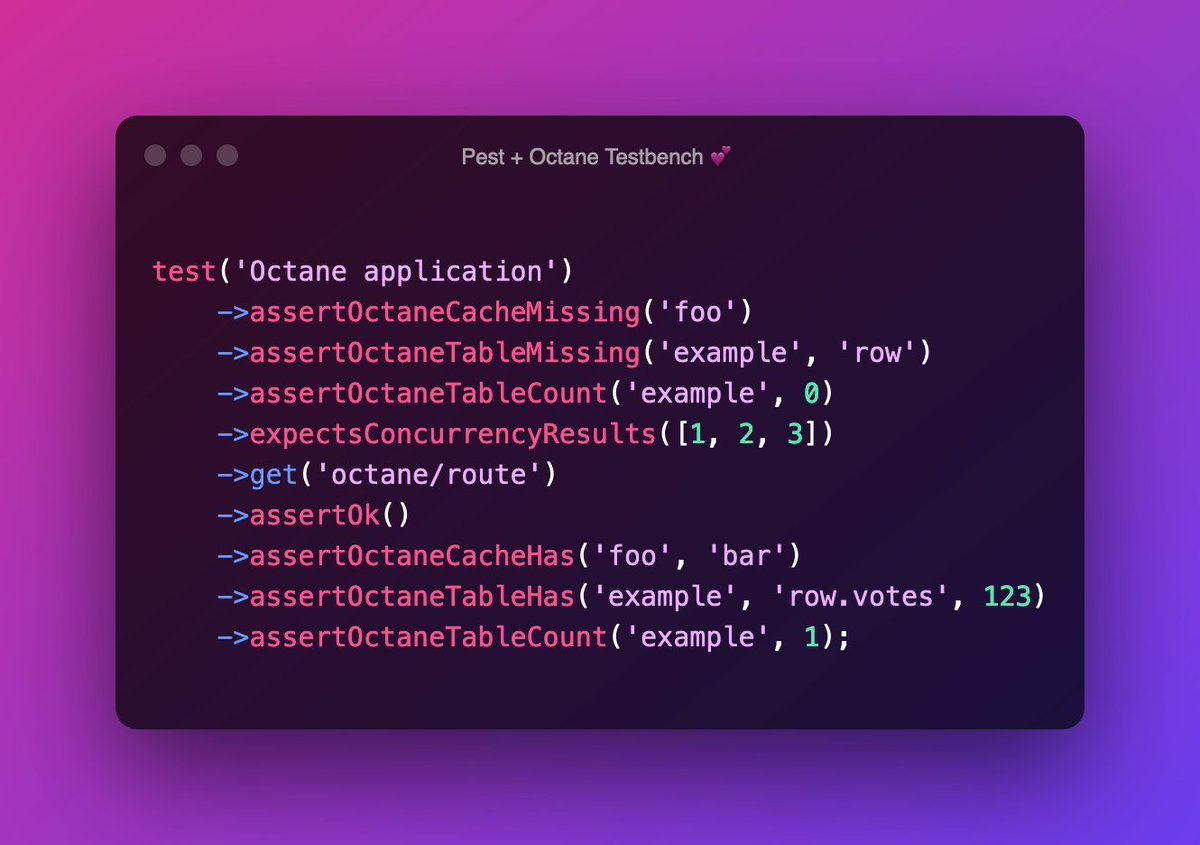cerbero90's tweet image. Without doubt the easiest package I ever published thanks to @pestphp: only 1 line of actual code 😄

This plugin lets you test @laravelphp apps powered by Octane with Pest 💞

github.com/cerbero90/pest…

#LaravelOctane #laravel #php @php_swoole