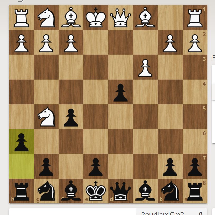 Bonjour <a href="/QuotiChess/">QuotiChess 🐘</a> <a href="/ClasseLautard/">Classe de M LAUTARD</a> nous n'avons pas pu jouer hier car nous avions une sortie scolaire c'était génial.
Nous avons joué notre  #pion en h6.

5. h6