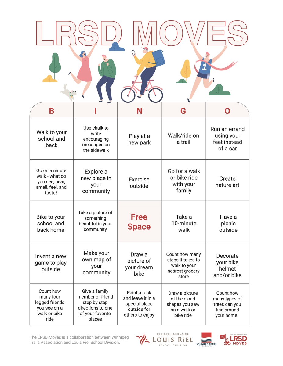 It's the final day of #LRSDMoves Week! 

Students and families are invited to take photographs of themselves engaging in the BINGO activities to win some fun summer swag or the grand prize: a new bicycle! Don't forget to tag <a href="/louis_riel_sd/">Louis Riel School Division</a> on Twitter and #LRSDMoves 🚲🌳☀