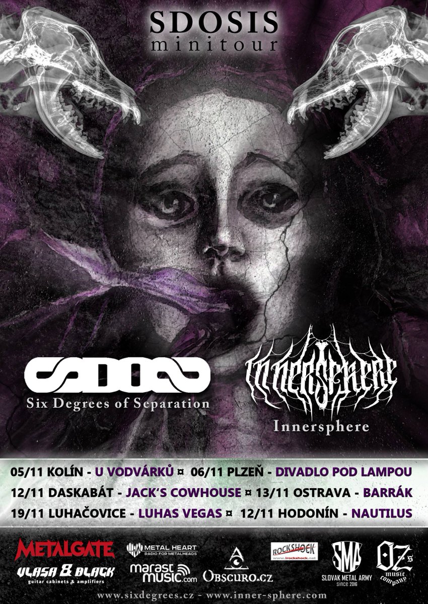 Obscuro_cz's tweet photo. Six Degrees of Separation a Innersphere spojí v listopadu síly a vyrazí na společné minitour po ČR na podporu svých nově vydaných alb. V rámci této tří-víkendové mini šňůry nás celkem 6 koncertů. Většinu akci doplní speciální hosté.
“Se  #deathmetal

https://t.co/BabDMwyaau https://t.co/KnXcMTE8Hm