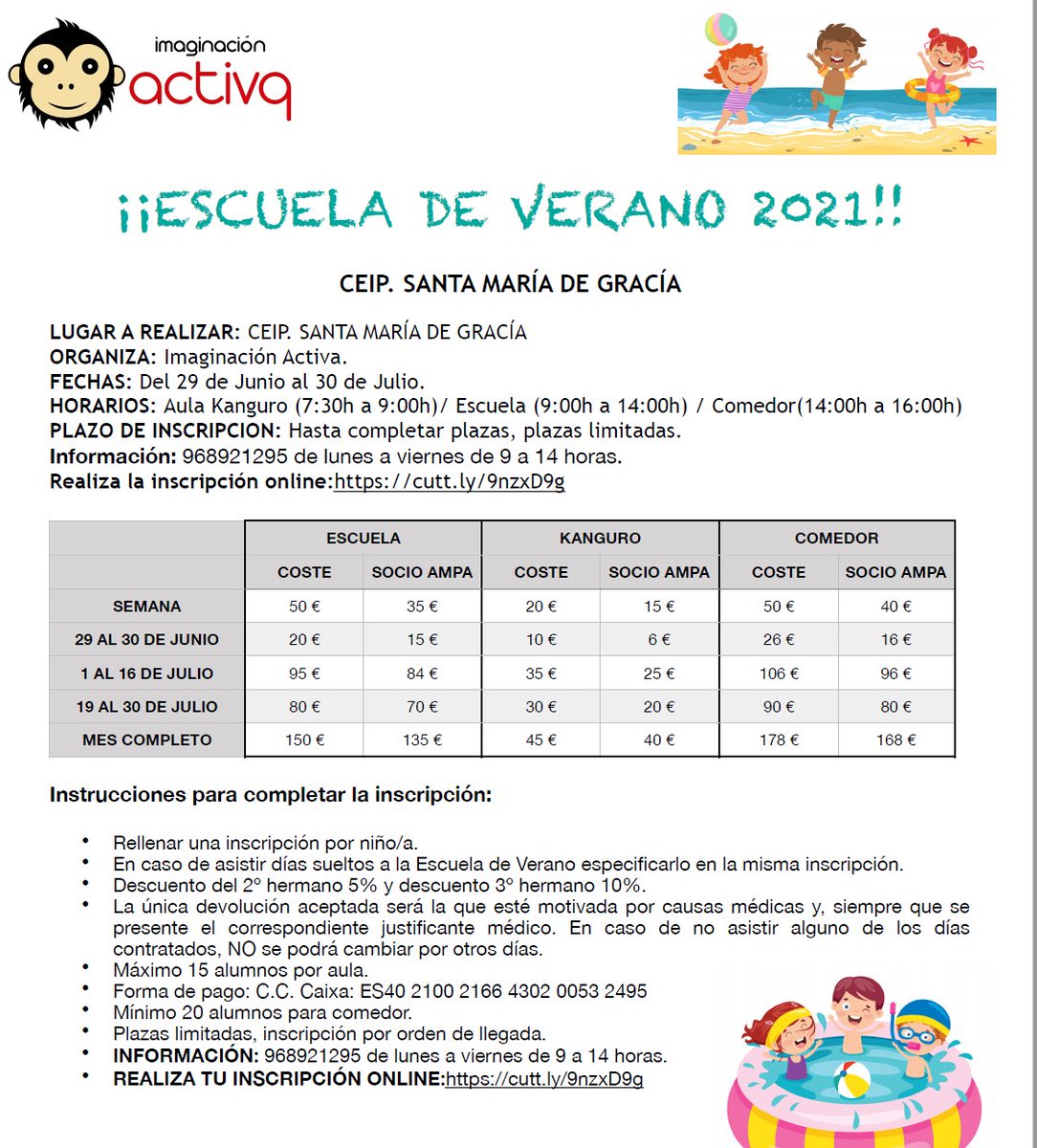 ☀️ Escuela de verano ☀️
¡Buenas noticias! Sale adelante la escuela de verano para los alumnos y alumnas del <a href="/CeipSta/">CEIP STA MARIA DE GRACIA. Murcia</a>. 👏👏
En la foto adjunta sale un enlace para las incripciones. Os lo ponemos también aquí para facilitar el acceso 😘
cutt.ly/9nzxD9g