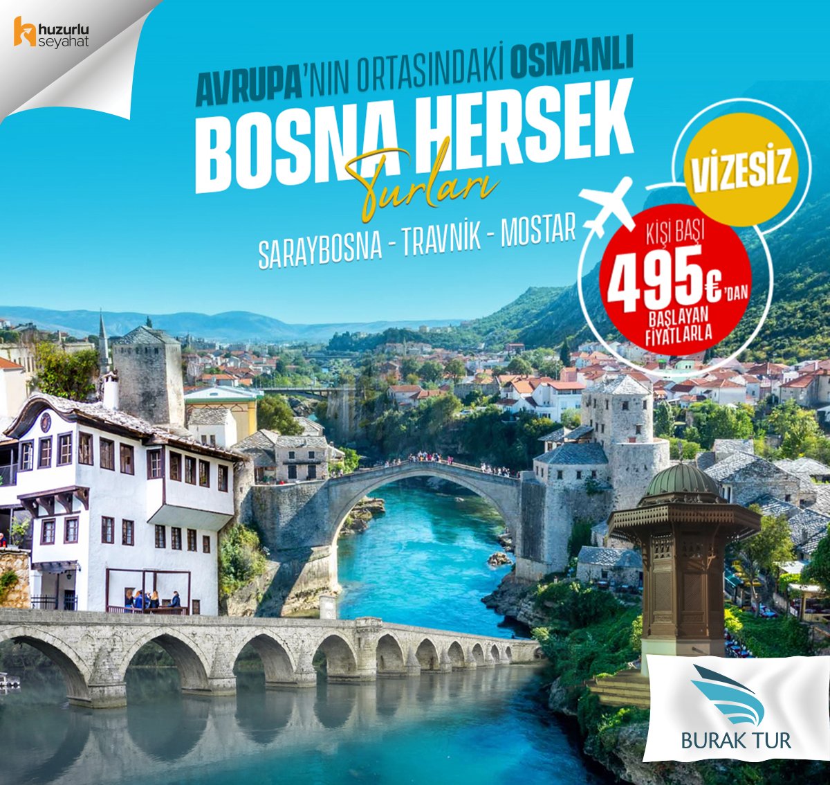 ✈️ Bosna Hersek Turları 🌍
📆 Haziran, Temmuz, Ağustos, Eylül 2021
🏢 4 yıldızlı otelde konaklama
🗺 Saraybosna, Mostar, Travnik

Detaylı bilgi ve rezervasyon için: buraktur.com/bosna-yurtdisi…