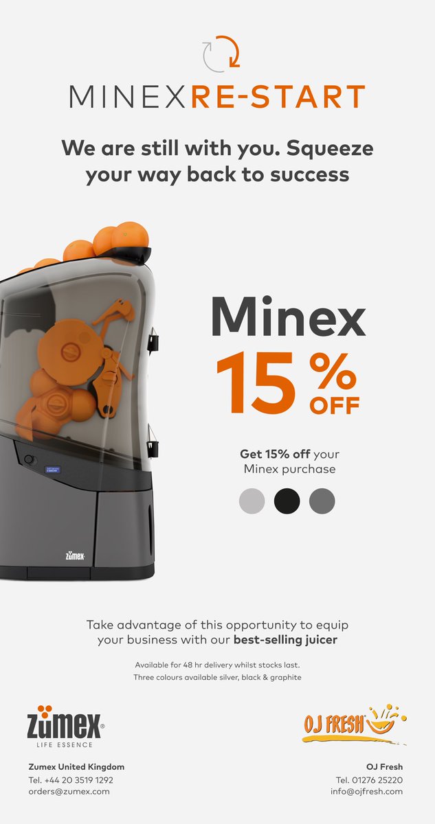 OJFreshUK's tweet photo. Great offer on #zumex Minex. #freshlysqeezedorangejuice. Available in silver, black &amp; graphite. #fabulousfarmshops #cafes https://t.co/MaQXnJGd9v