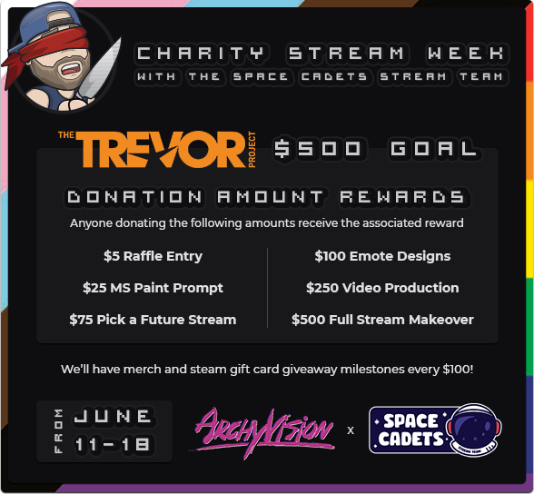 CallMeArchy's tweet photo. Kicking off a week of charity streams to support @TrevorProject with @spacecadetsteam tonight at 6p est! Details:
https://t.co/4UEfxfCEOO https://t.co/7EG2Scxm2E