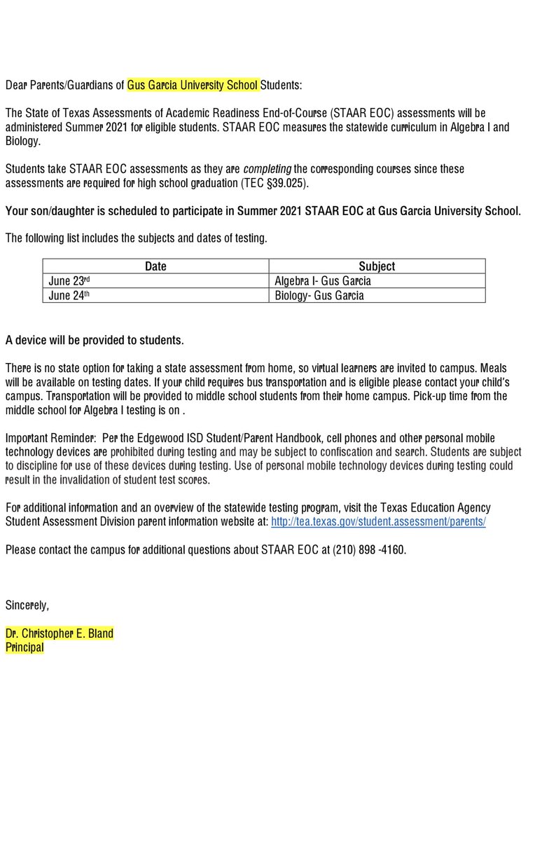 STAAR EOC Reminder! Parents/Guardians of Gus Garcia University 8th grade Students: