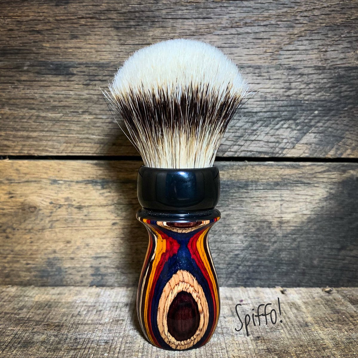 Corusca, with its colourful, laminated European Birch and solid black resin ferrule raises the Silvertip Badger to new heights! 😎 #wetshaving #shaving #spiffo #shavingbrushes #shavingbrush #spiffoman #shavelikeyourgrandpa #novascotia #halifax #shaveoftheday #dartmouth