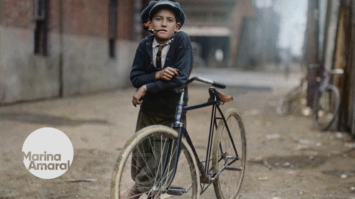 Colorized by me: Messenger boy working for Mackay Telegraph Company. "Said fifteen years old. Exposed to Red Light dangers". Waco, Texas, 1913.