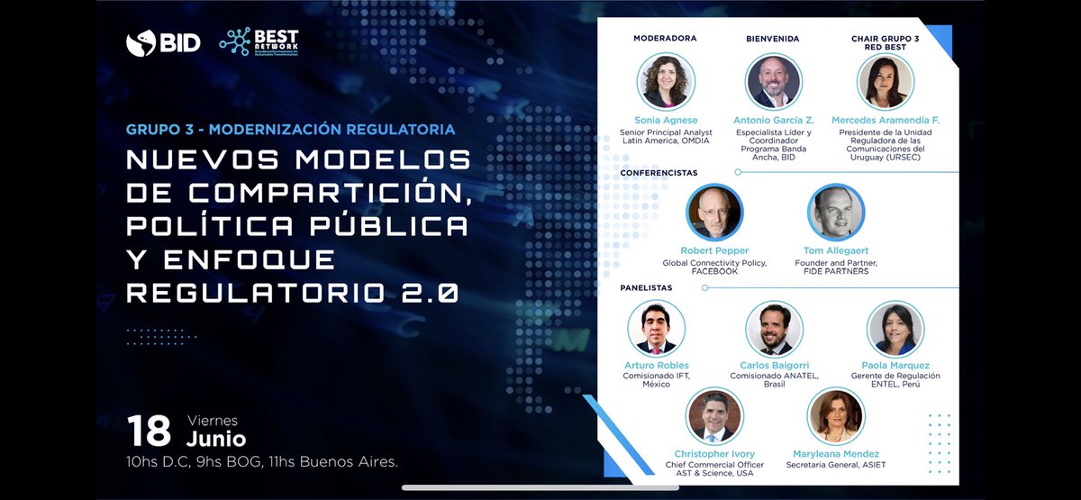GERMAN ARIAS (@germanarias) on Twitter photo Próximo panel red BEST. Compartición de infraestructura, nuevos modelos y enfoque regulatorio. <a href="/AntGZaballos/">Antonio G. Zaballos</a> <a href="/SebMCabello/">Sebastián M. Cabello</a> <a href="/MAramendia/">Mercedes Aramendía</a> <a href="/sonixag/">Sonia Agnese</a> @r2rorobles <a href="/lestergarcia/">Lester Garcia</a> <a href="/rmpepper/">Robert Pepper</a> <a href="/marymendezji/">Maryleana Mendez</a> Próximo panel red BEST. Compartición de infraestructura, nuevos modelos y enfoque regulatorio. <a href="/AntGZaballos/">Antonio G. Zaballos</a> <a href="/SebMCabello/">Sebastián M. Cabello</a> <a href="/MAramendia/">Mercedes Aramendía</a> <a href="/sonixag/">Sonia Agnese</a> @r2rorobles <a href="/lestergarcia/">Lester Garcia</a> <a href="/rmpepper/">Robert Pepper</a> <a href="/marymendezji/">Maryleana Mendez</a>