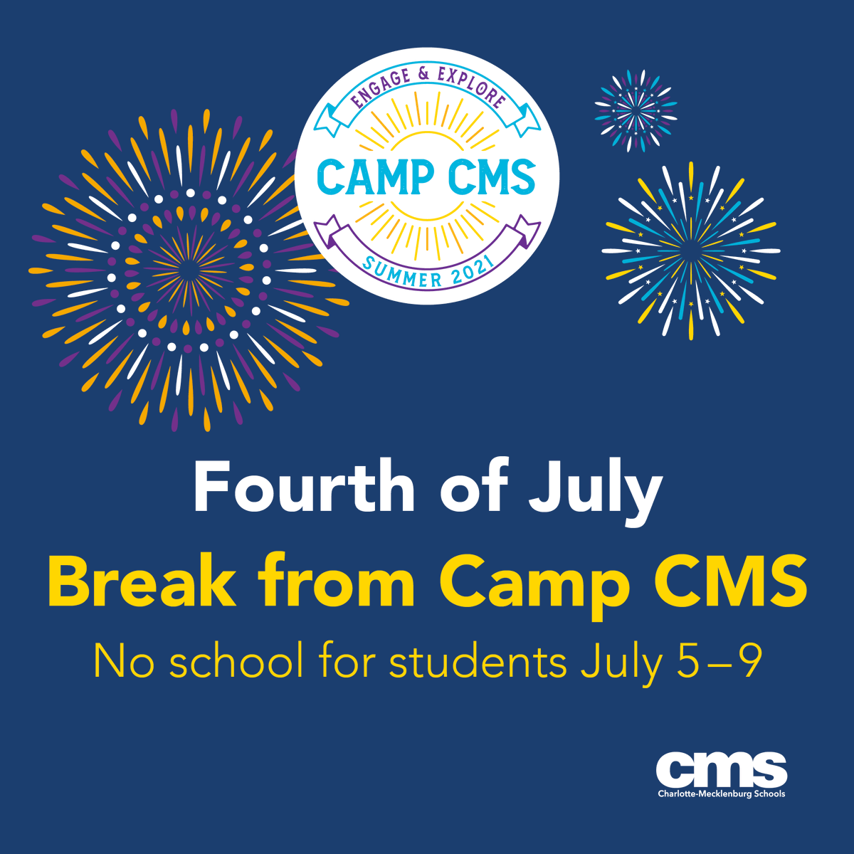 CharMeckSchools's tweet photo. Happy #FourthofJuly!
#CampCMS students, enjoy your break and we will see you back next week. https://t.co/kg6yH02xlF
