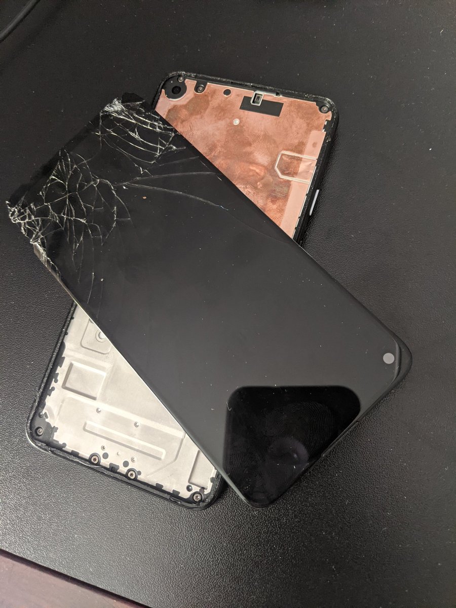 Kami9802's tweet photo. When a 70 lb dog crashes into you to see who knocked on the door and your phone goes flying out of your hand.  #byebyePixel4a https://t.co/FxTL1nvkuG