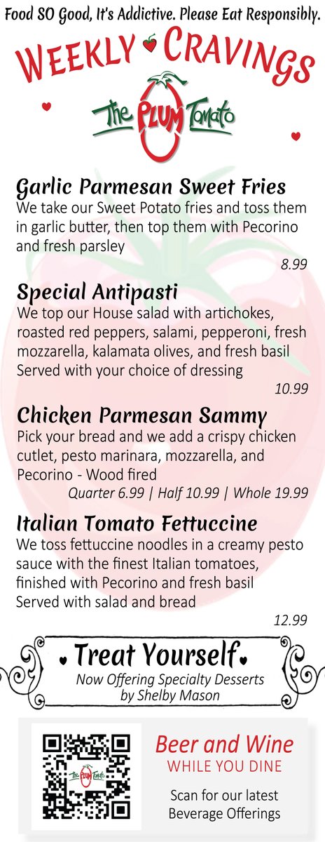 It's a Beautiful Friday to visit the Plum Tomato! New Weekly Cravings Menu, fresh desserts, cold beverages - how can you go wrong? 😋 See you soon 🍅
.
.
.
#theplumtomato #itsaddictive #foodislove #getinmybelly #pizza #colchesterct #salemct